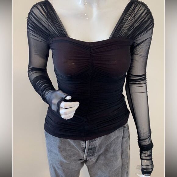 A.L.C. Jackie Ruched Tulle Semi Sheer Long Sleeve Mesh Top Black w Red Underlay - Picture 1 of 8